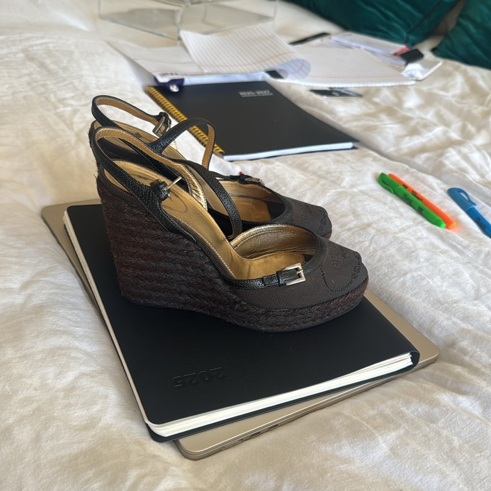 Vintage Prada brown canvas logo espadrille wedge sandal IT 37.5